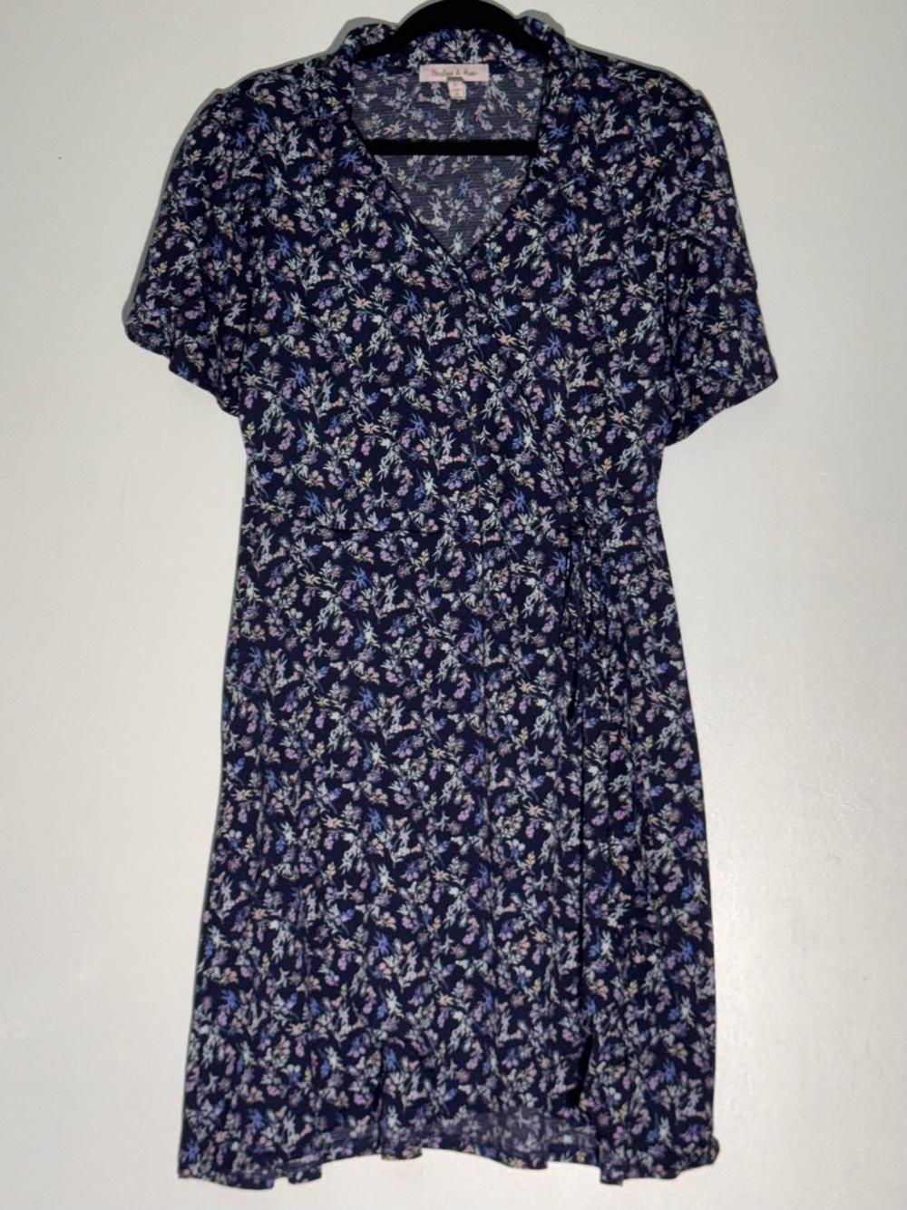 Harlow Rose Navy Violet Floral Print V Neck Faux Wrap Dress Large
